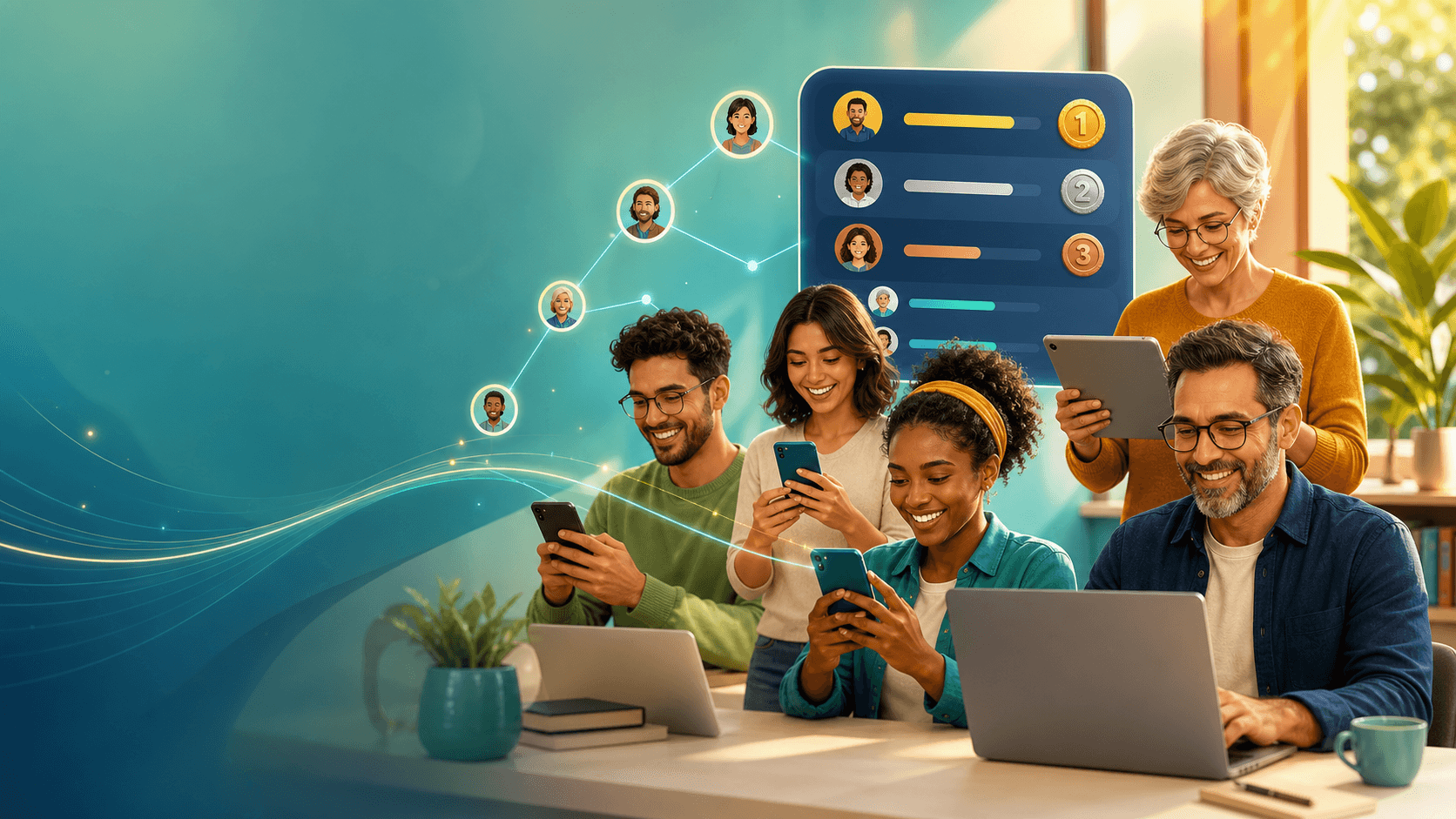 Participantes acompanhando uma liga de quizzes bíblicos com ranking